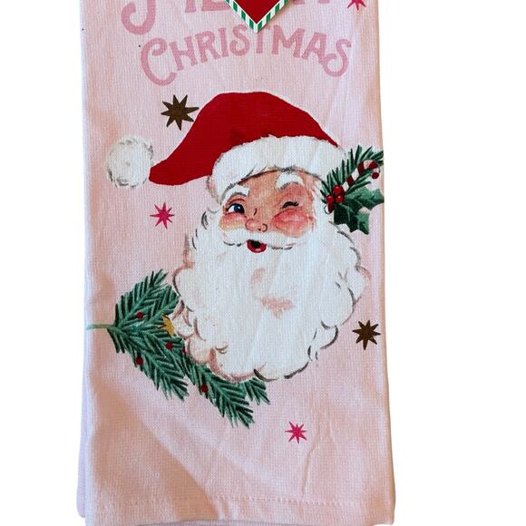 Set of 2  Pink Santa Christmas Kitchen Towels 18x28 Cotton Reto Holiday New - Picture 11 of 12